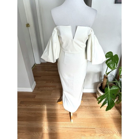 SELF PORTRAIT White Crepe Bow Balloon Sleeve Midi Dress - Picture 5 of 11